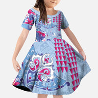Hawaiian Tribal Manta Ray Family Matching Short Sleeve Bodycon Dress and Hawaiian Shirt Kakau Tattoo and Flowers Surfing Waves Pattern Soft Color LT03 Daughter's Dress Multicolor - Polynesian Pride