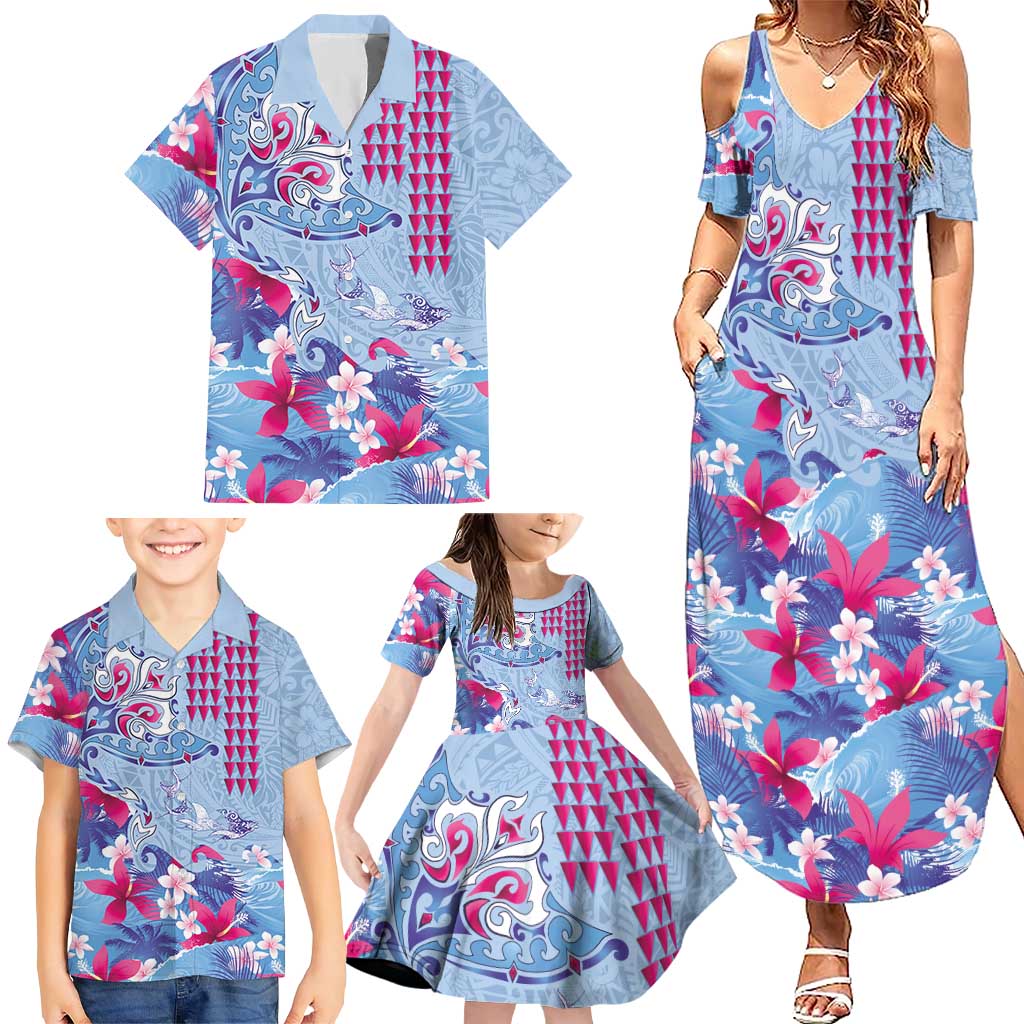 Hawaiian Tribal Manta Ray Family Matching Summer Maxi Dress and Hawaiian Shirt Kakau Tattoo and Flowers Surfing Waves Pattern Soft Color LT03 - Polynesian Pride