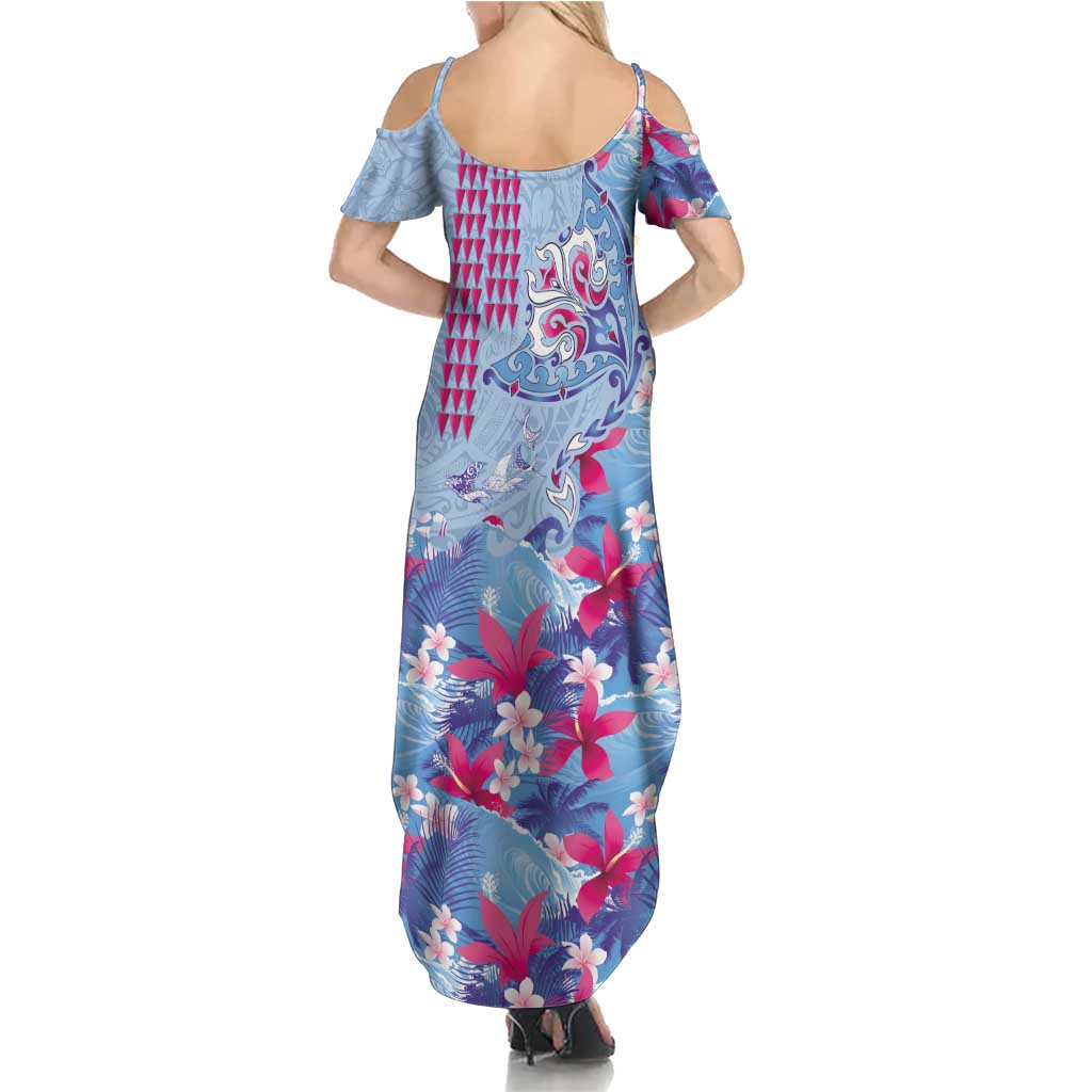 Hawaiian Tribal Manta Ray Family Matching Summer Maxi Dress and Hawaiian Shirt Kakau Tattoo and Flowers Surfing Waves Pattern Soft Color LT03 - Polynesian Pride