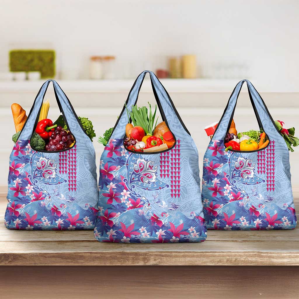 Hawaiian Tribal Manta Ray Grocery Bag Kakau Tattoo and Flowers Surfing Waves Pattern Soft Color LT03 3-pack One Size Multicolor - Polynesian Pride