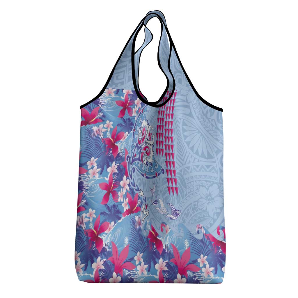 Hawaiian Tribal Manta Ray Grocery Bag Kakau Tattoo and Flowers Surfing Waves Pattern Soft Color LT03 - Polynesian Pride