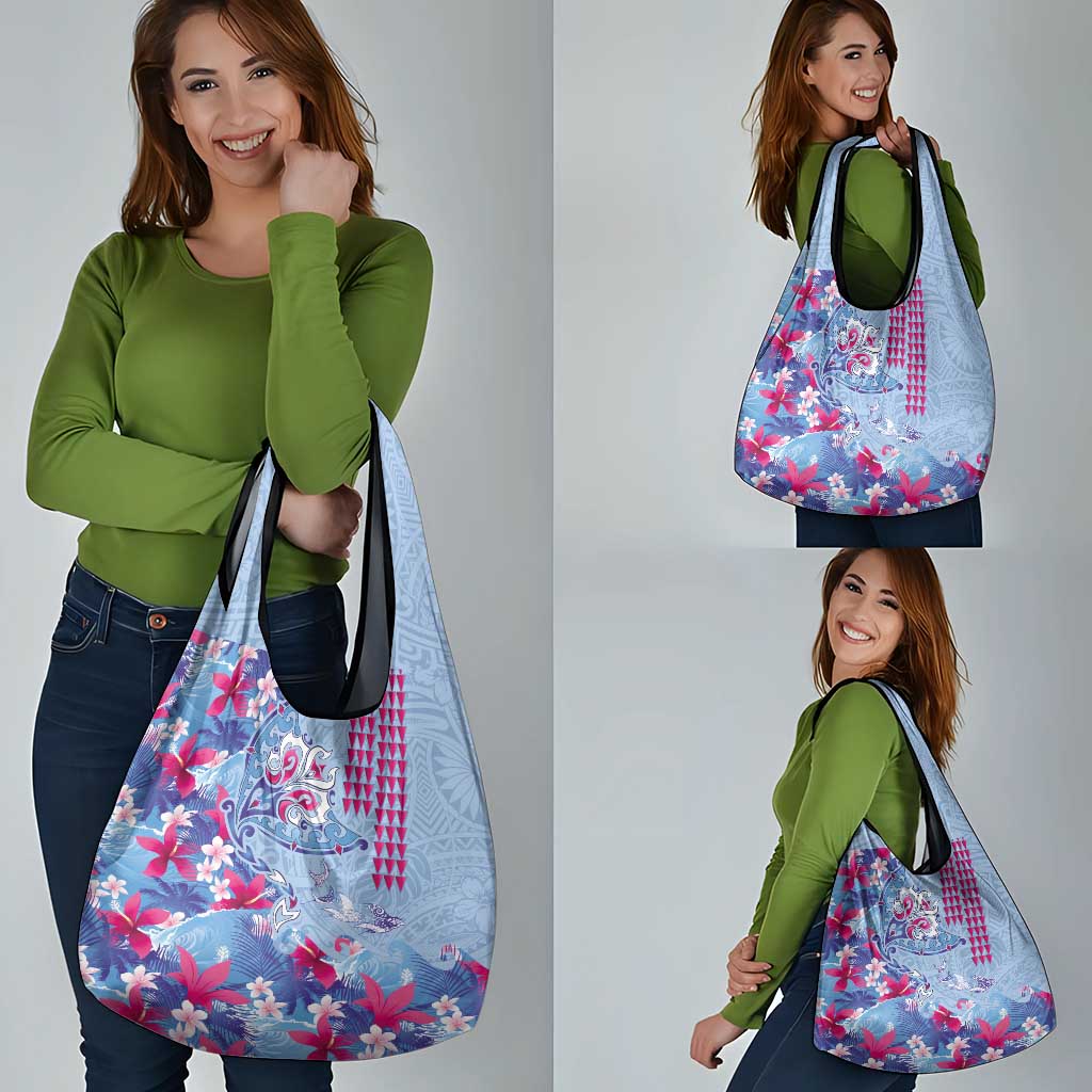 Hawaiian Tribal Manta Ray Grocery Bag Kakau Tattoo and Flowers Surfing Waves Pattern Soft Color LT03 - Polynesian Pride