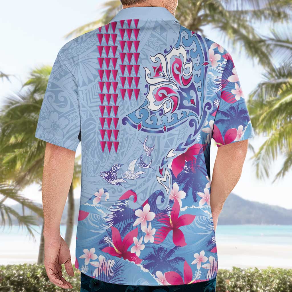 Hawaiian Tribal Manta Ray Hawaiian Shirt Kakau Tattoo and Flowers Surfing Waves Pattern Soft Color LT03 - Polynesian Pride