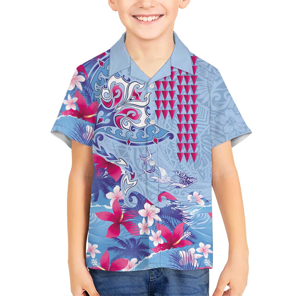 Hawaiian Tribal Manta Ray Hawaiian Shirt Kakau Tattoo and Flowers Surfing Waves Pattern Soft Color LT03 - Polynesian Pride
