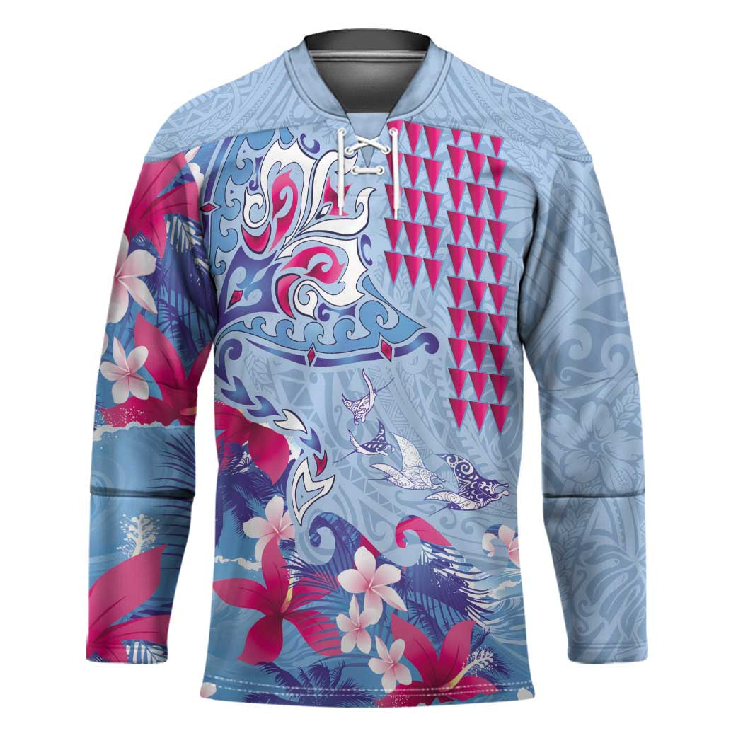 Hawaiian Tribal Manta Ray Hockey Jersey Kakau Tattoo and Flowers Surfing Waves Pattern Soft Color