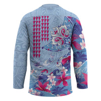 Hawaiian Tribal Manta Ray Hockey Jersey Kakau Tattoo and Flowers Surfing Waves Pattern Soft Color