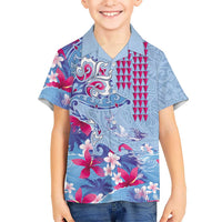 Hawaiian Tribal Manta Ray Kid Hawaiian Shirt Kakau Tattoo and Flowers Surfing Waves Pattern Soft Color LT03 Kid Multicolor - Polynesian Pride
