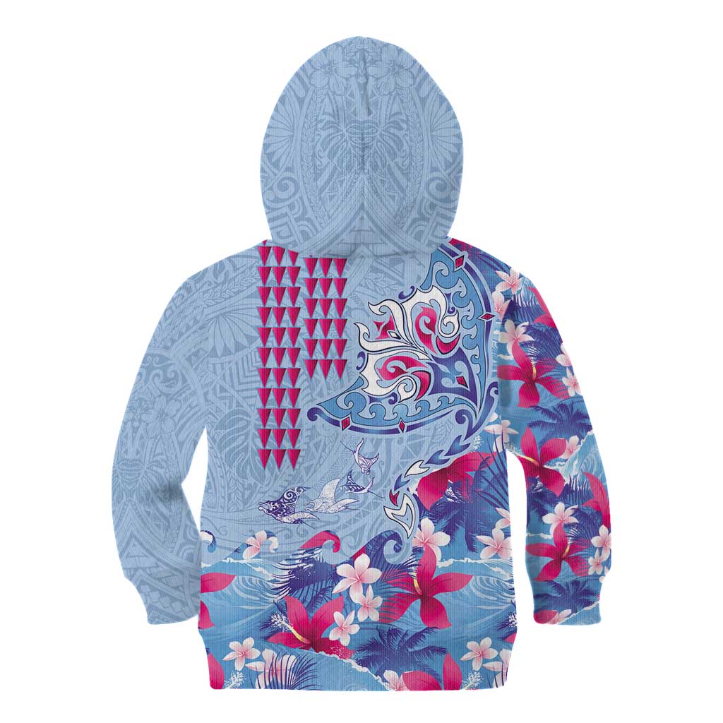 Hawaiian Tribal Manta Ray Kid Hoodie Kakau Tattoo and Flowers Surfing Waves Pattern Soft Color LT03 - Polynesian Pride