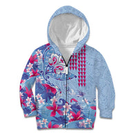 Hawaiian Tribal Manta Ray Kid Hoodie Kakau Tattoo and Flowers Surfing Waves Pattern Soft Color LT03 Zip Hoodie Multicolor - Polynesian Pride
