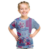 Hawaiian Tribal Manta Ray Kid T Shirt Kakau Tattoo and Flowers Surfing Waves Pattern Soft Color
