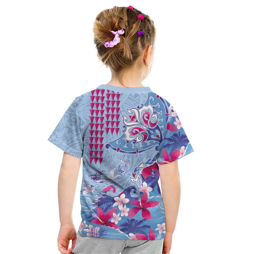 Hawaiian Tribal Manta Ray Kid T Shirt Kakau Tattoo and Flowers Surfing Waves Pattern Soft Color