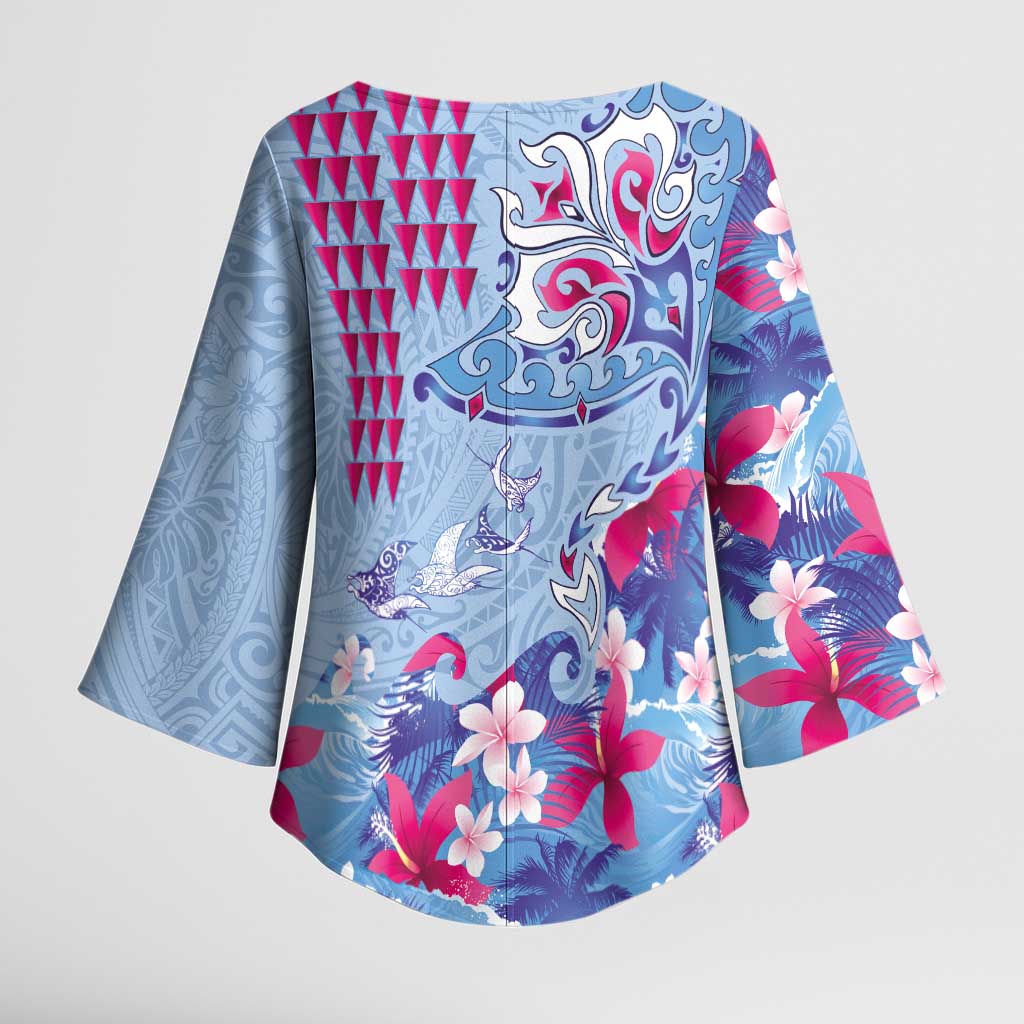 Hawaiian Tribal Manta Ray Kimono Sleeve Blouse Kakau Tattoo and Flowers Surfing Waves Pattern Soft Color