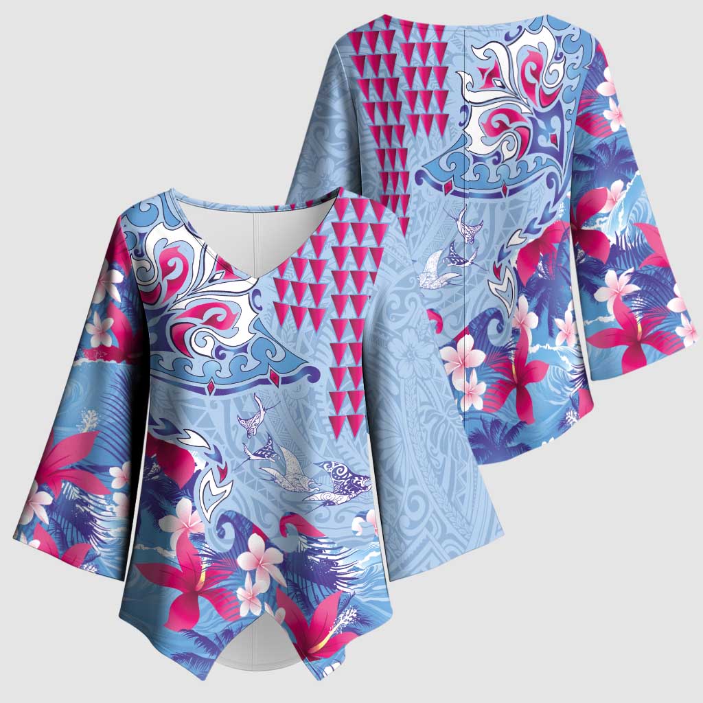 Hawaiian Tribal Manta Ray Kimono Sleeve Blouse Kakau Tattoo and Flowers Surfing Waves Pattern Soft Color