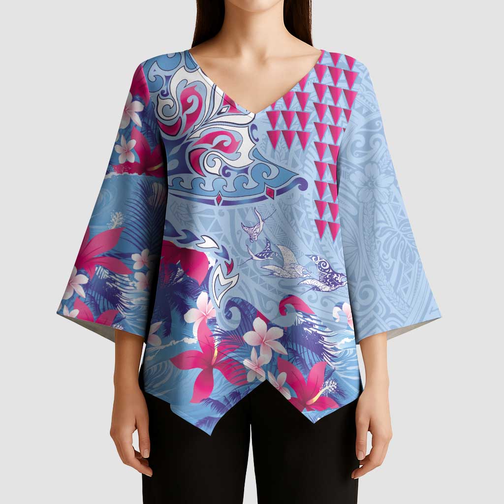 Hawaiian Tribal Manta Ray Kimono Sleeve Blouse Kakau Tattoo and Flowers Surfing Waves Pattern Soft Color