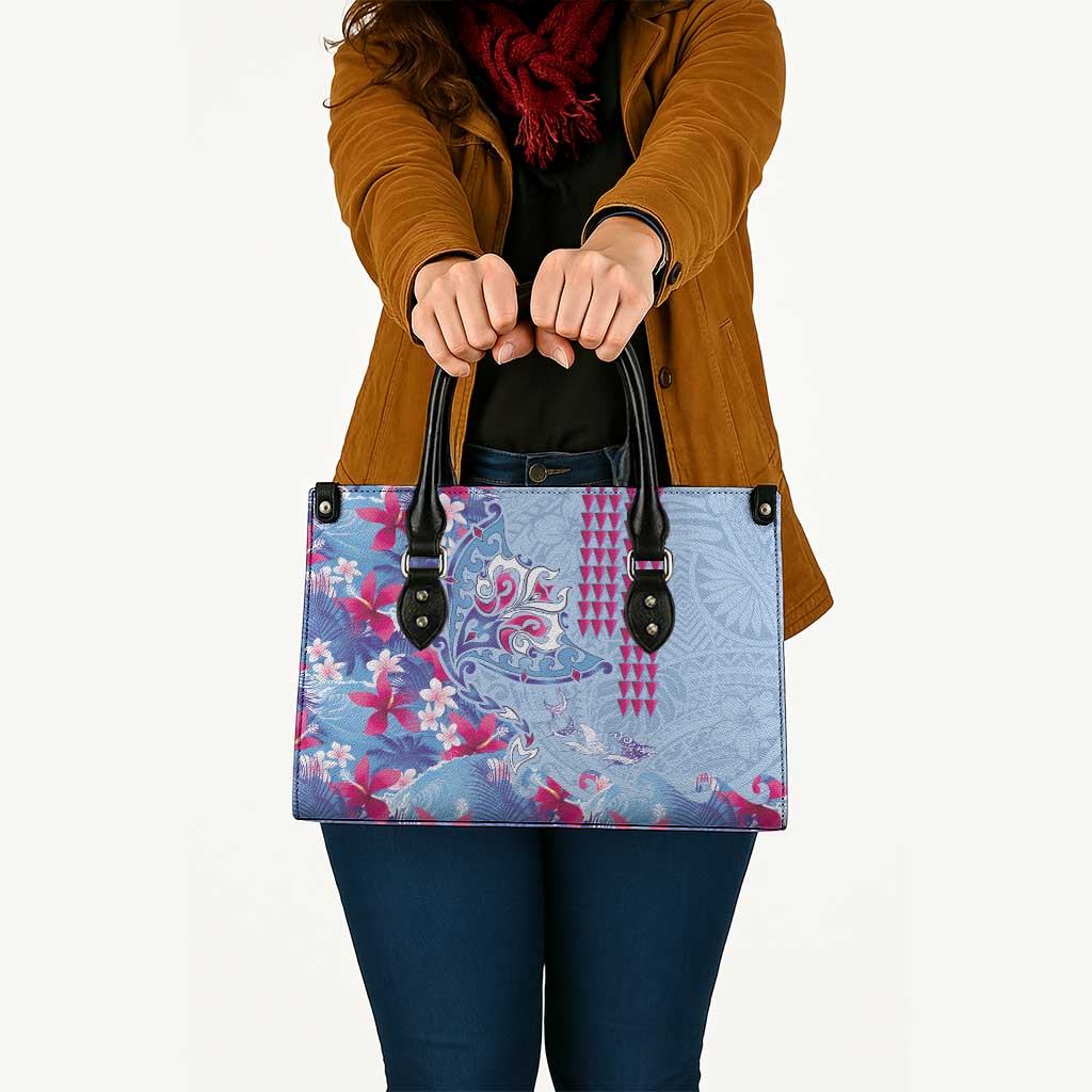 Hawaiian Tribal Manta Ray Leather Bag Kakau Tattoo and Flowers Surfing Waves Pattern Soft Color