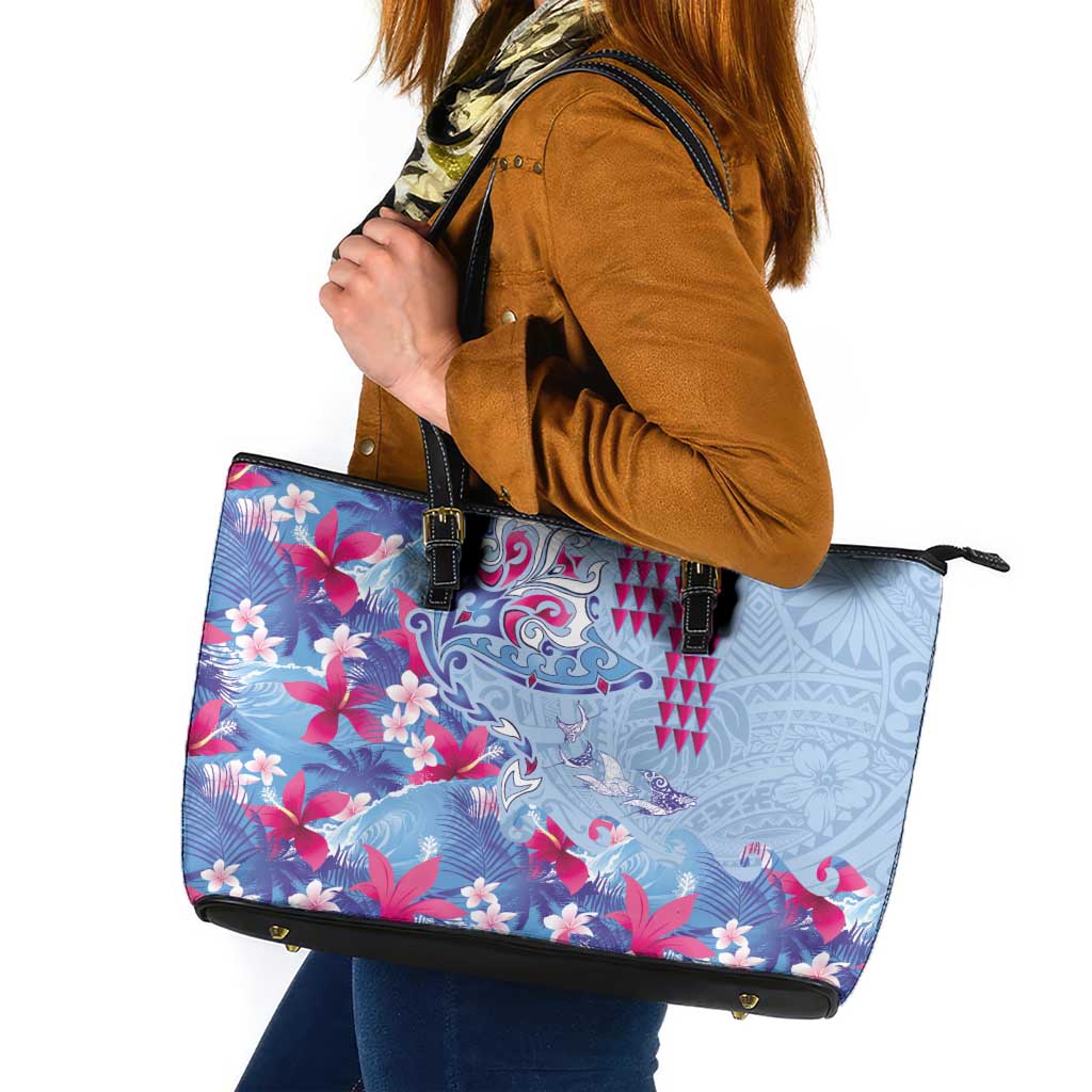Hawaiian Tribal Manta Ray Leather Tote Bag Kakau Tattoo and Flowers Surfing Waves Pattern Soft Color LT03 Multicolor - Polynesian Pride