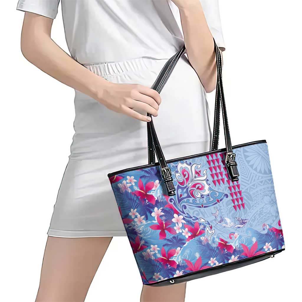 Hawaiian Tribal Manta Ray Leather Tote Bag Kakau Tattoo and Flowers Surfing Waves Pattern Soft Color LT03 - Polynesian Pride