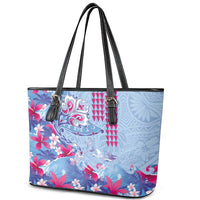 Hawaiian Tribal Manta Ray Leather Tote Bag Kakau Tattoo and Flowers Surfing Waves Pattern Soft Color LT03 - Polynesian Pride