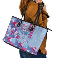 Hawaiian Tribal Manta Ray Leather Tote Bag Kakau Tattoo and Flowers Surfing Waves Pattern Soft Color LT03 - Polynesian Pride