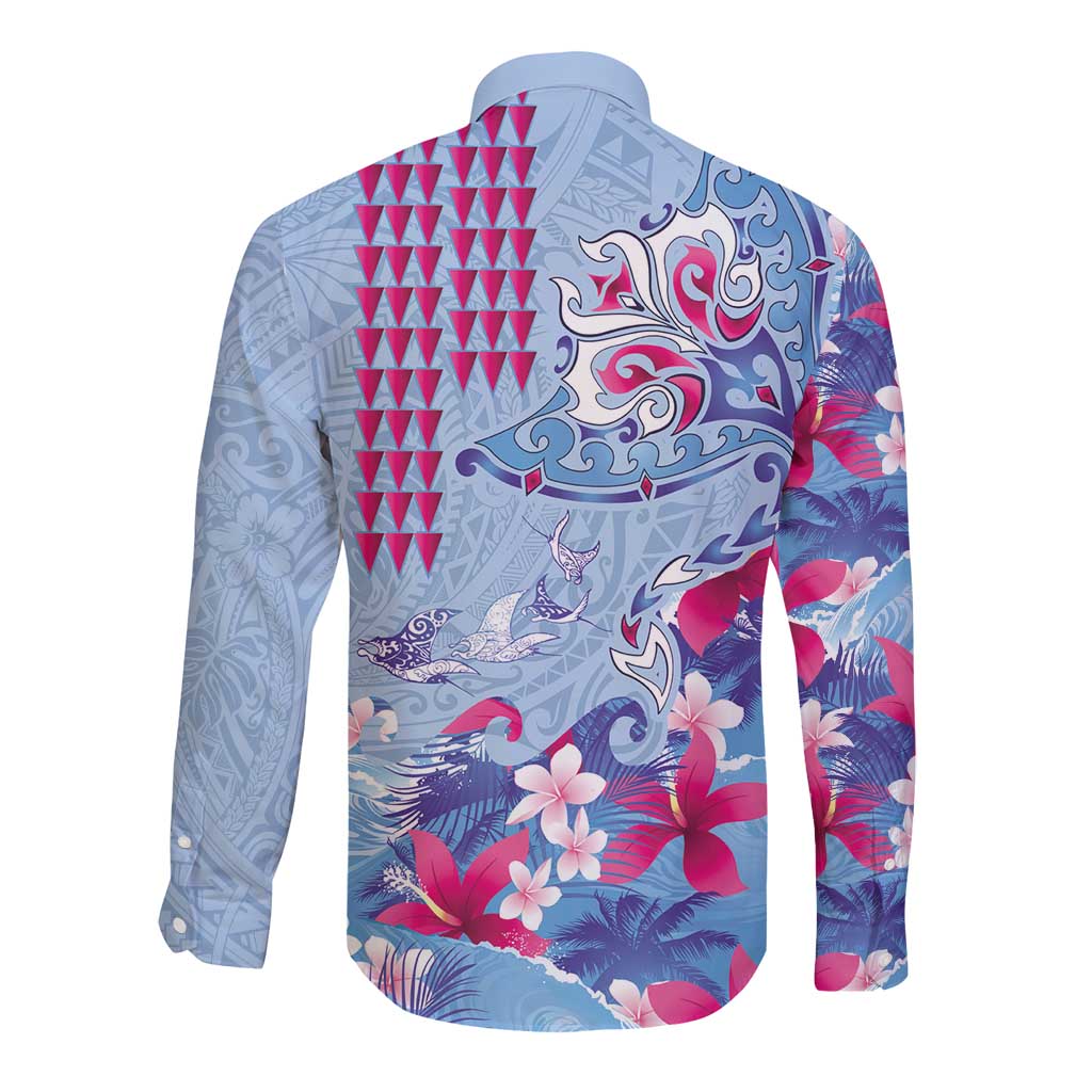 Hawaiian Tribal Manta Ray Long Sleeve Button Shirt Kakau Tattoo and Flowers Surfing Waves Pattern Soft Color LT03 - Polynesian Pride