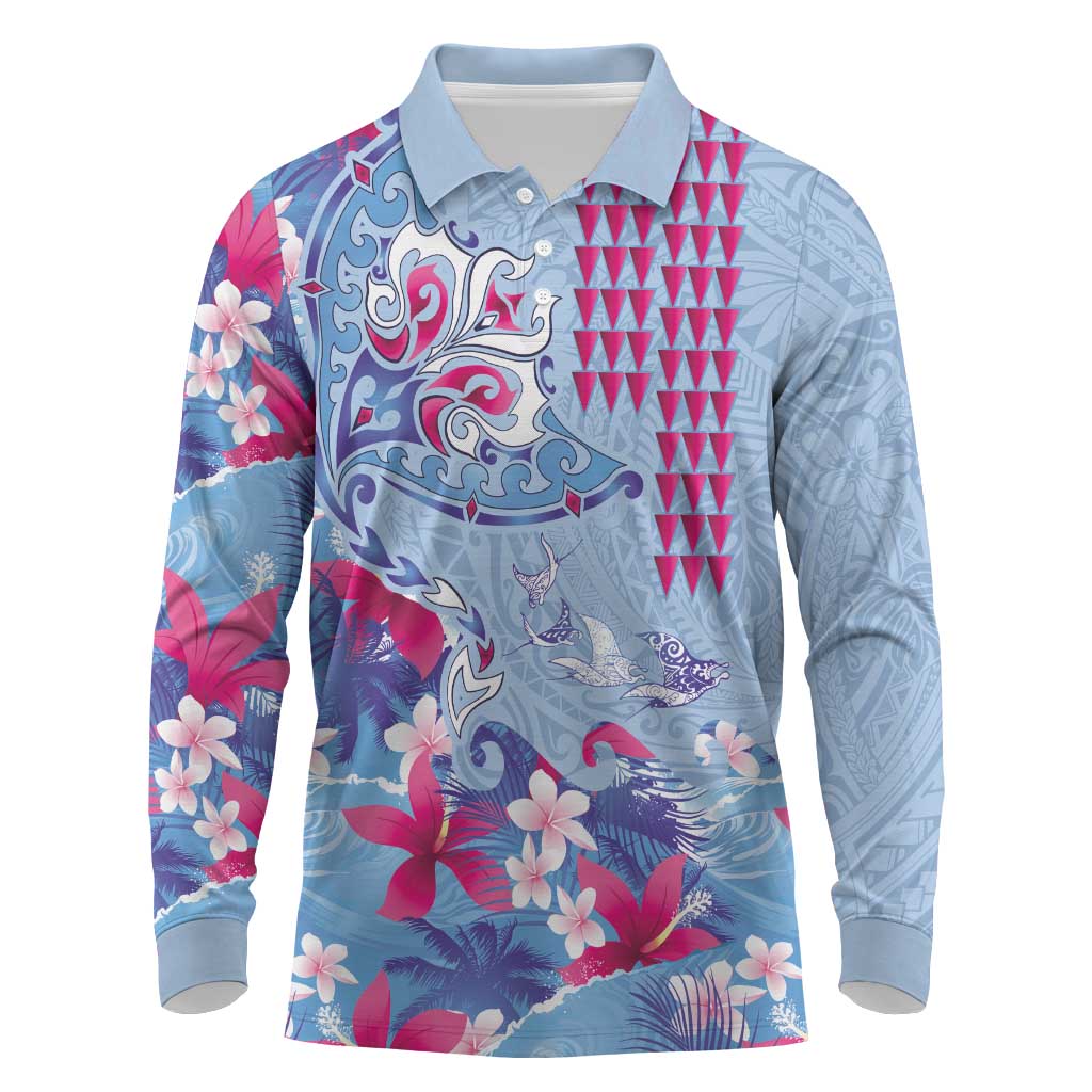 Hawaiian Tribal Manta Ray Long Sleeve Polo Shirt Kakau Tattoo and Flowers Surfing Waves Pattern Soft Color