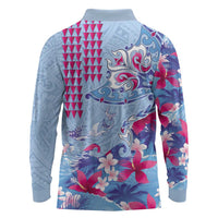 Hawaiian Tribal Manta Ray Long Sleeve Polo Shirt Kakau Tattoo and Flowers Surfing Waves Pattern Soft Color