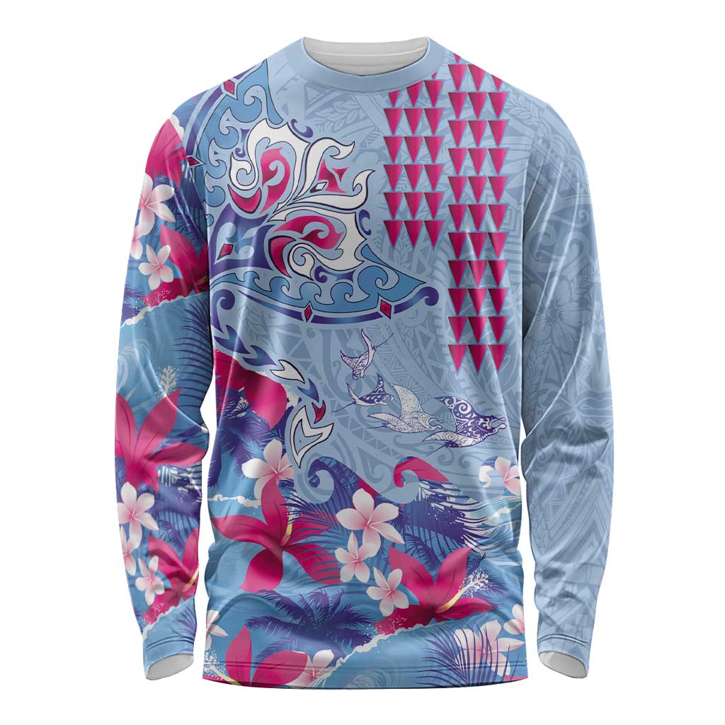 Hawaiian Tribal Manta Ray Long Sleeve Shirt Kakau Tattoo and Flowers Surfing Waves Pattern Soft Color LT03 Unisex Multicolor - Polynesian Pride
