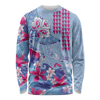 Hawaiian Tribal Manta Ray Long Sleeve Shirt Kakau Tattoo and Flowers Surfing Waves Pattern Soft Color LT03 Unisex Multicolor - Polynesian Pride