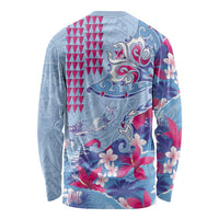 Hawaiian Tribal Manta Ray Long Sleeve Shirt Kakau Tattoo and Flowers Surfing Waves Pattern Soft Color LT03 - Polynesian Pride