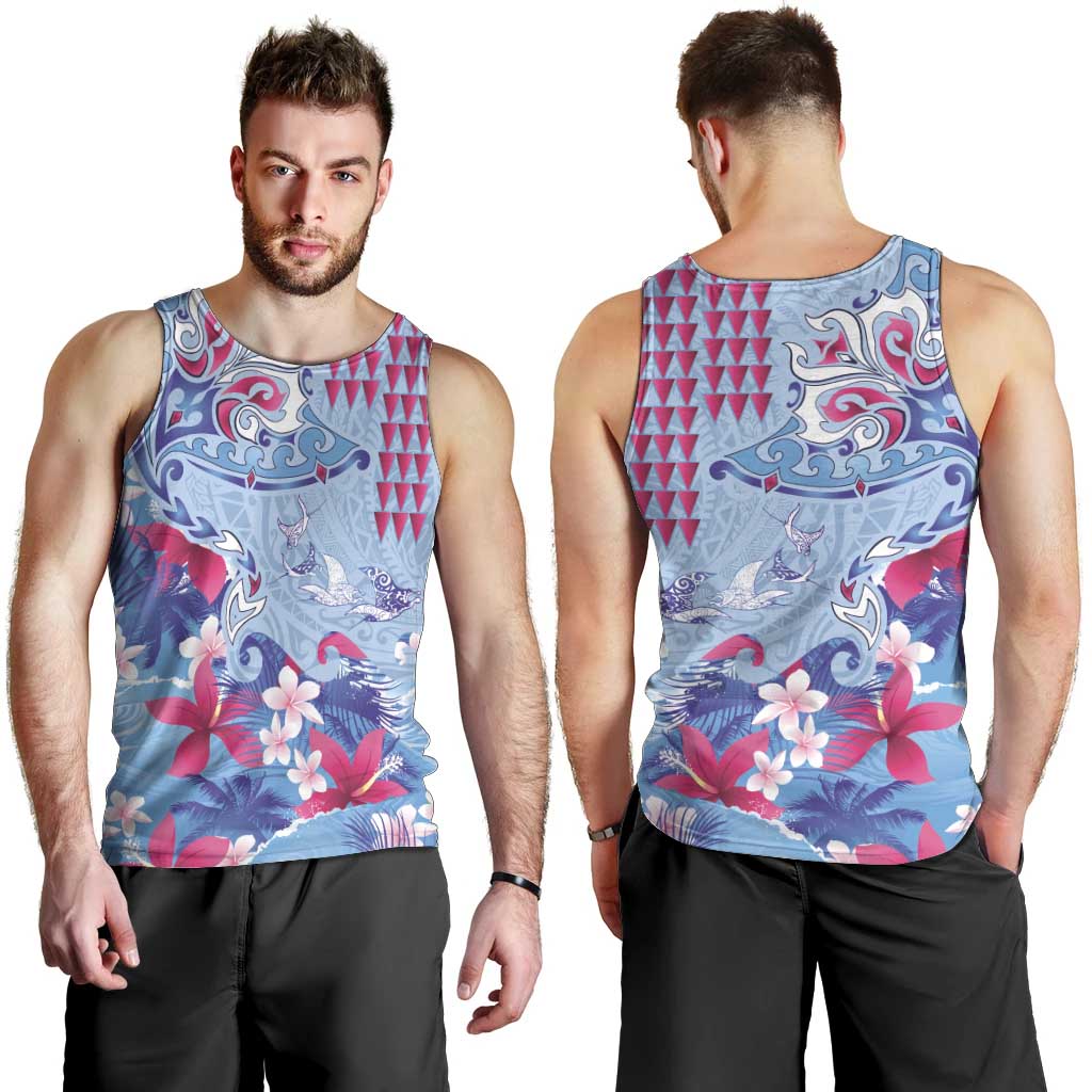 Hawaiian Tribal Manta Ray Men Tank Top Kakau Tattoo and Flowers Surfing Waves Pattern Soft Color LT03 - Polynesian Pride