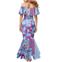 Hawaiian Tribal Manta Ray Mermaid Dress Kakau Tattoo and Flowers Surfing Waves Pattern Soft Color