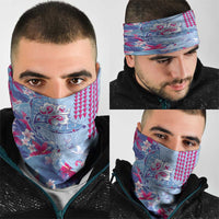 Hawaiian Tribal Manta Ray Neck Gaiter Kakau Tattoo and Flowers Surfing Waves Pattern Soft Color