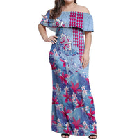Hawaiian Tribal Manta Ray Off Shoulder Maxi Dress Kakau Tattoo and Flowers Surfing Waves Pattern Soft Color LT03 Women Multicolor - Polynesian Pride