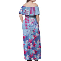 Hawaiian Tribal Manta Ray Off Shoulder Maxi Dress Kakau Tattoo and Flowers Surfing Waves Pattern Soft Color LT03 - Polynesian Pride