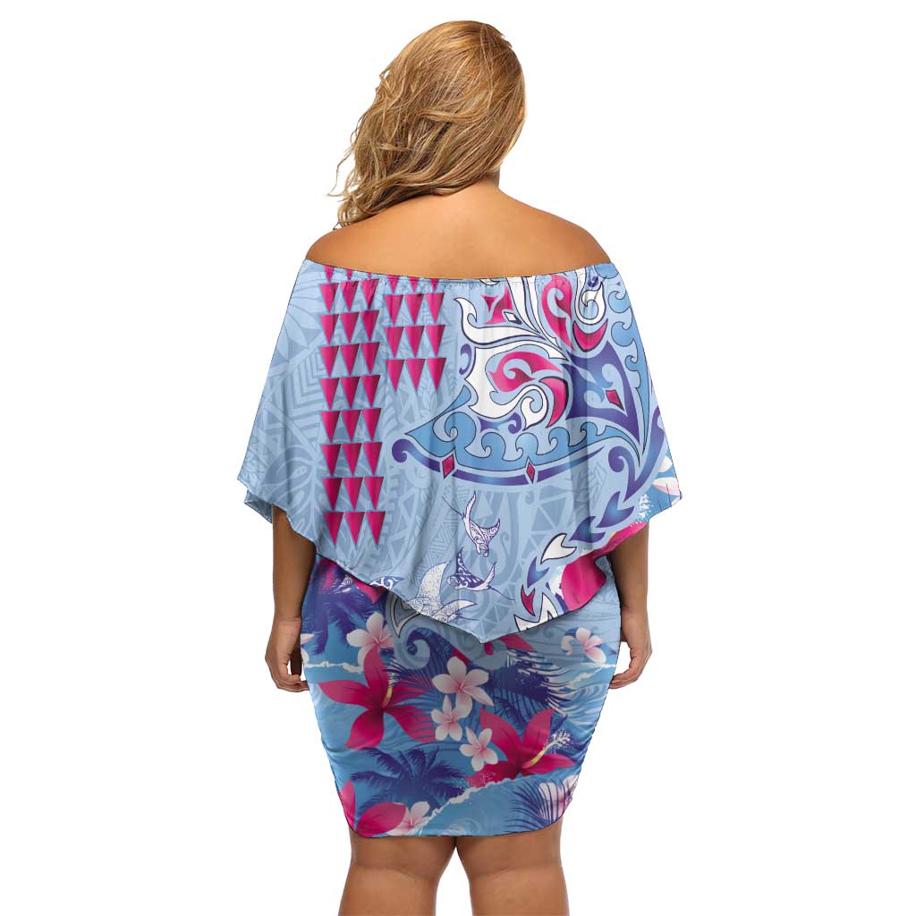 Hawaiian Tribal Manta Ray Off Shoulder Short Dress Kakau Tattoo and Flowers Surfing Waves Pattern Soft Color LT03 - Polynesian Pride