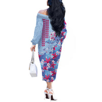 Hawaiian Tribal Manta Ray Off The Shoulder Long Sleeve Dress Kakau Tattoo and Flowers Surfing Waves Pattern Soft Color