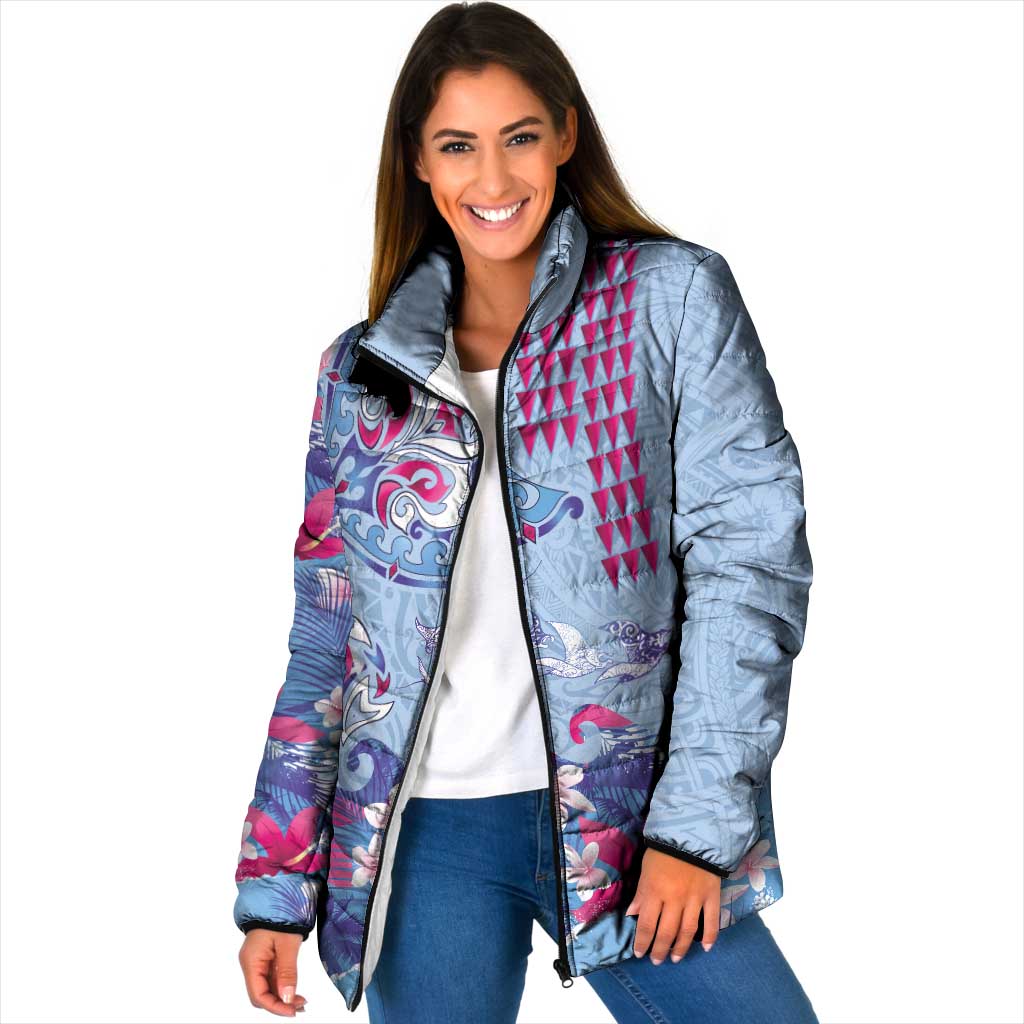 Hawaiian Tribal Manta Ray Padded Jacket Kakau Tattoo and Flowers Surfing Waves Pattern Soft Color
