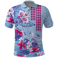 Hawaiian Tribal Manta Ray Polo Shirt Kakau Tattoo and Flowers Surfing Waves Pattern Soft Color LT03 Multicolor - Polynesian Pride