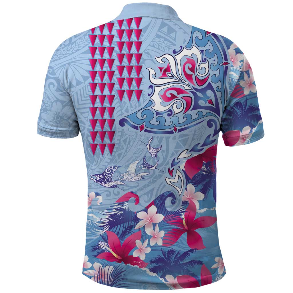 Hawaiian Tribal Manta Ray Polo Shirt Kakau Tattoo and Flowers Surfing Waves Pattern Soft Color LT03 - Polynesian Pride