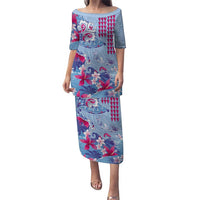 Hawaiian Tribal Manta Ray Puletasi Kakau Tattoo and Flowers Surfing Waves Pattern Soft Color LT03 Long Dress Multicolor - Polynesian Pride