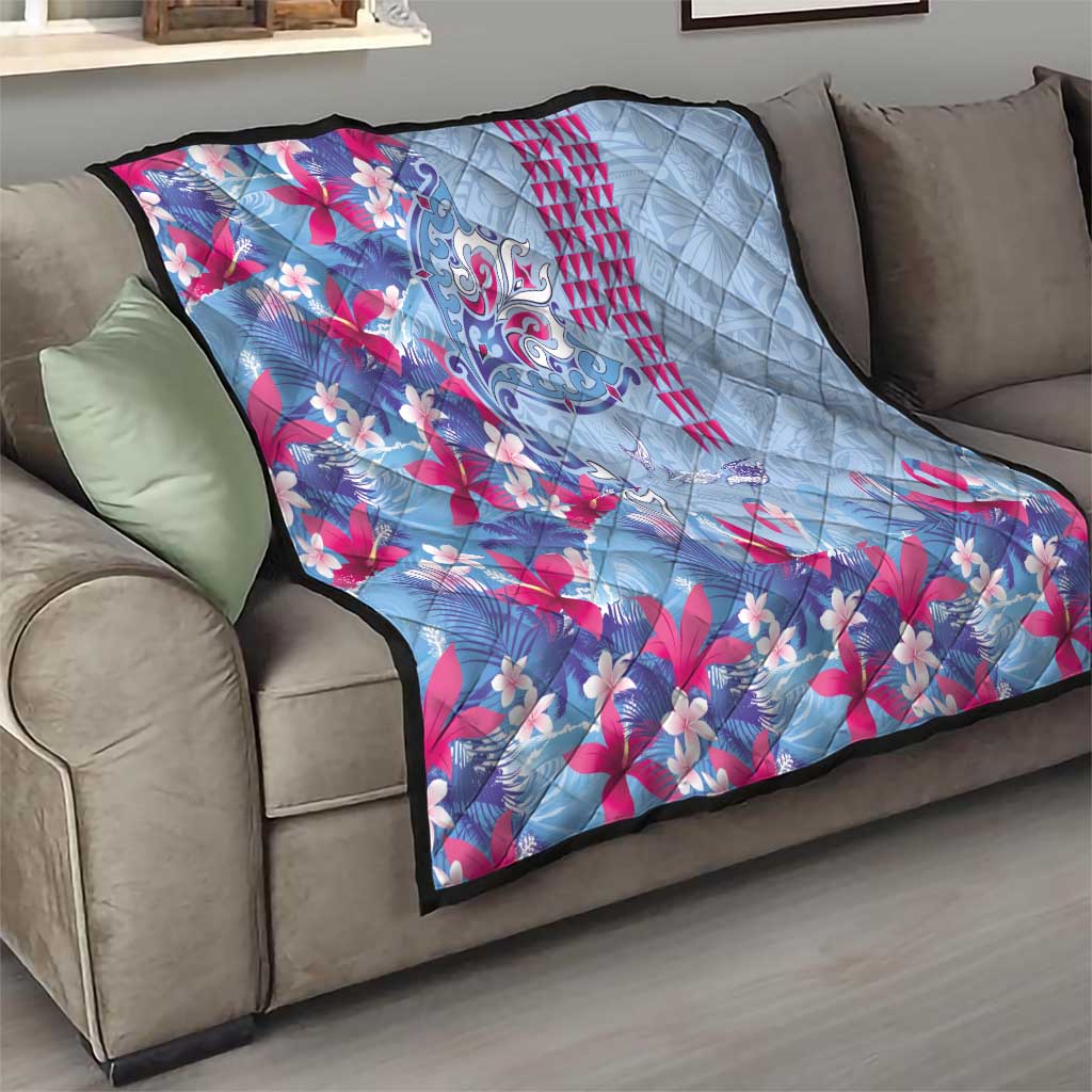 Hawaiian Tribal Manta Ray Quilt Kakau Tattoo and Flowers Surfing Waves Pattern Soft Color
