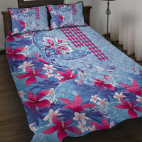 Hawaiian Tribal Manta Ray Quilt Bed Set Kakau Tattoo and Flowers Surfing Waves Pattern Soft Color