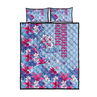 Hawaiian Tribal Manta Ray Quilt Bed Set Kakau Tattoo and Flowers Surfing Waves Pattern Soft Color