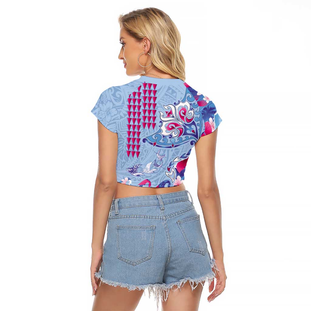 Hawaiian Tribal Manta Ray Raglan Cropped T Shirt Kakau Tattoo and Flowers Surfing Waves Pattern Soft Color LT03 - Polynesian Pride