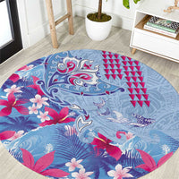 Hawaiian Tribal Manta Ray Round Carpet Kakau Tattoo and Flowers Surfing Waves Pattern Soft Color