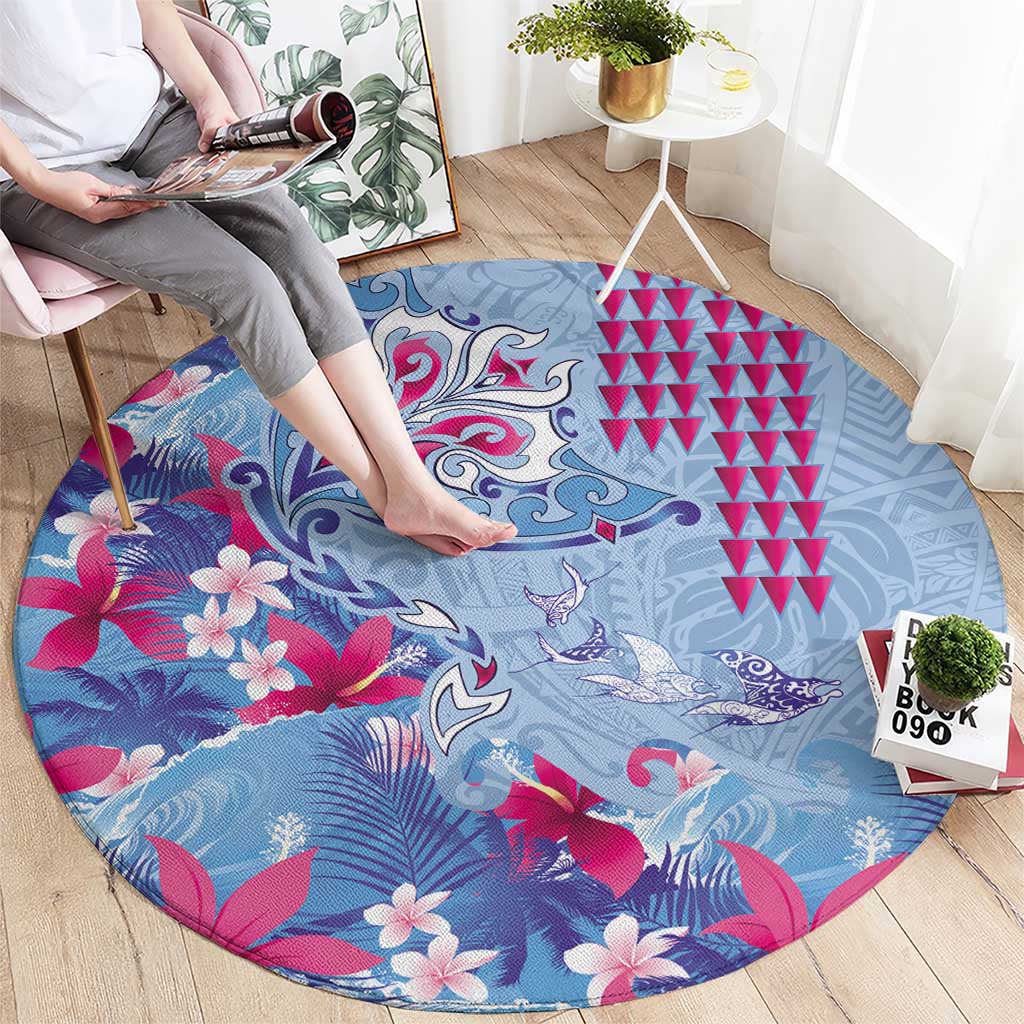 Hawaiian Tribal Manta Ray Round Carpet Kakau Tattoo and Flowers Surfing Waves Pattern Soft Color