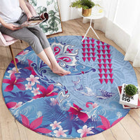 Hawaiian Tribal Manta Ray Round Carpet Kakau Tattoo and Flowers Surfing Waves Pattern Soft Color