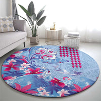 Hawaiian Tribal Manta Ray Round Carpet Kakau Tattoo and Flowers Surfing Waves Pattern Soft Color