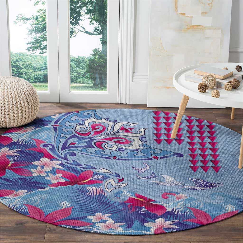 Hawaiian Tribal Manta Ray Round Carpet Kakau Tattoo and Flowers Surfing Waves Pattern Soft Color