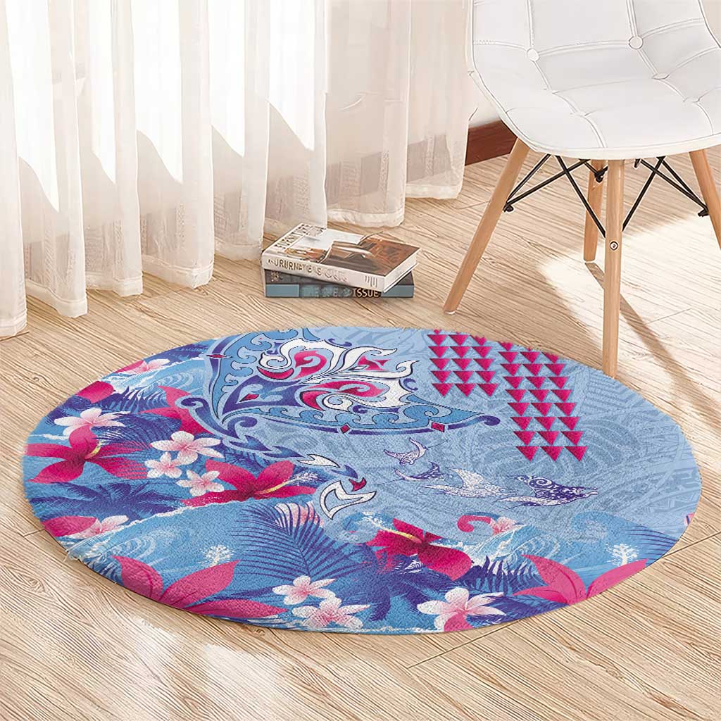 Hawaiian Tribal Manta Ray Round Carpet Kakau Tattoo and Flowers Surfing Waves Pattern Soft Color